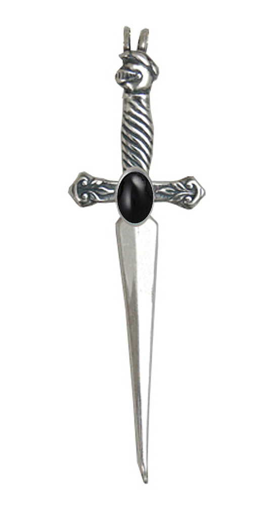 Sterling Silver Detailed Knight's Sword Pendant With Black Onyx